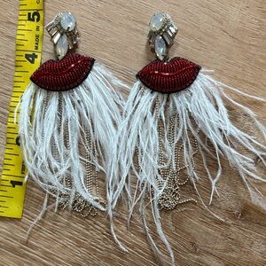 One of a Kind Lips, Feathers & Gems Dangle Statement Earrings